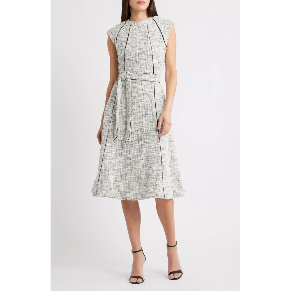 Halogen Tweed Sleeveless Belted Midi Dress Black White Size S XX7502